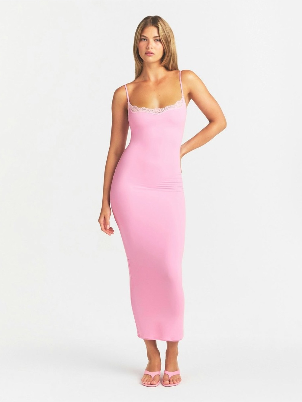 SKIMS Pink Lace-Trim Maxi Slip Dress
